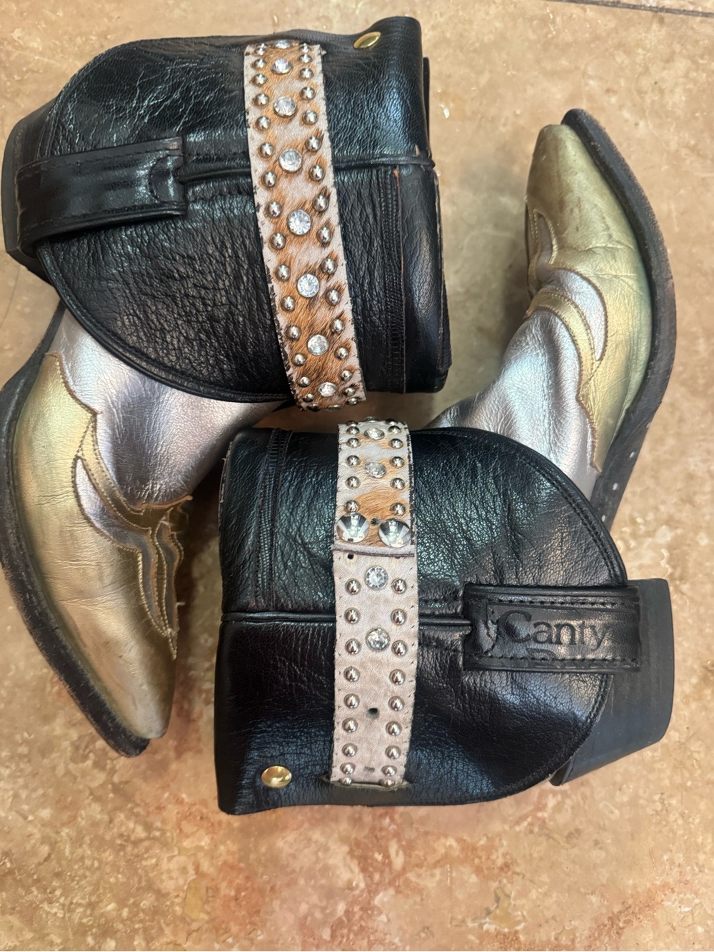 Studded Black Leather Western Ankle Booties with Gold Accents